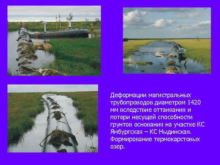 Деформации магистральных трубопроводов диаметром 1420 мм вследствие оттаивания и потери несущей способности грунтов основания