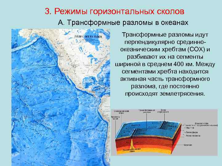 3. Режимы горизонтальных сколов А. Трансформные разломы в океанах Трансформные разломы идут перпендикулярно срединноокеаническим