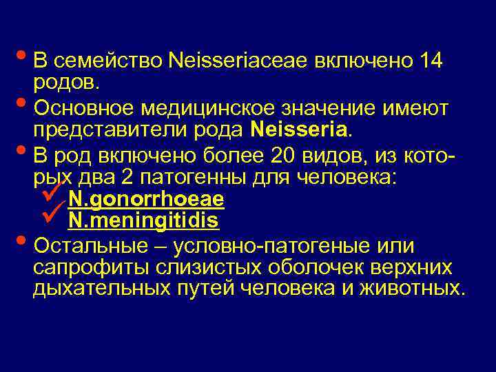  • В семейство Neisseriaceae включено 14 родов. • Основное медицинское значение имеют представители