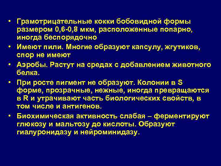  • Грамотрицательные кокки бобовидной формы размером 0, 6 -0, 8 мкм, расположенные попарно,