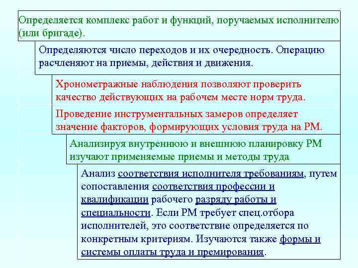 Определяется комплекс работ и функций, поручаемых исполнителю (или бригаде). Определяются число переходов и их