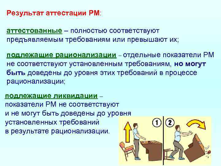 Результат аттестации РМ: аттестованные – полностью соответствуют предъявляемым требованиям или превышают их; подлежащие рационализации