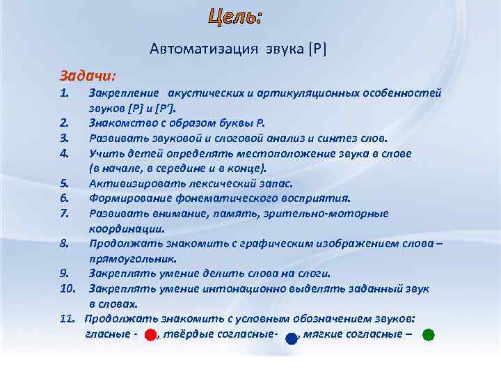 Цель: Автоматизация звука [Р] Задачи: 1. Закрепление акустических и артикуляционных особенностей звуков [Р] и