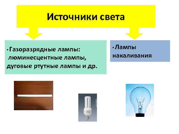 Источники света • Газоразрядные лампы: люминесцентные лампы, дуговые ртутные лампы и др. • Лампы