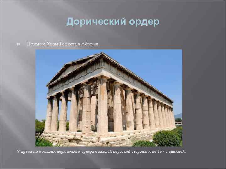 Дорический ордер Пример: Храм Гефеста в Афинах У храма по 6 колонн дорического ордера