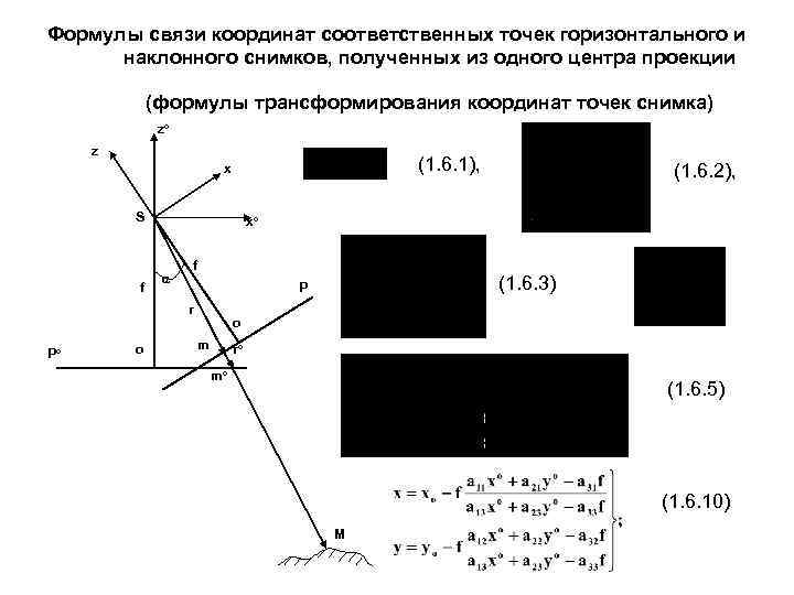 Формулы связи координат соответственных точек горизонтального и наклонного снимков, полученных из одного центра проекции