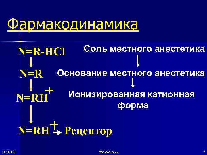   Фармакодинамика   N=R-HCl Соль местного анестетика    N=R 