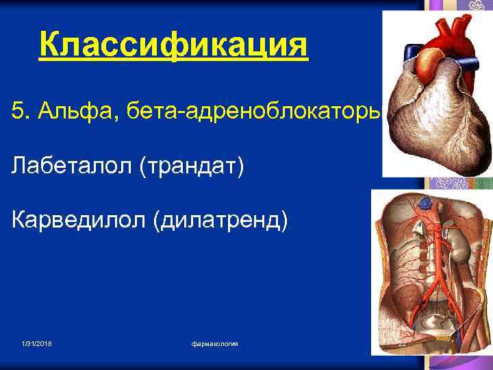 Классификация 5. Альфа, бета-адреноблокаторы Лабеталол (трандат) Карведилол (дилатренд) 1/31/2018 фармакология 22 