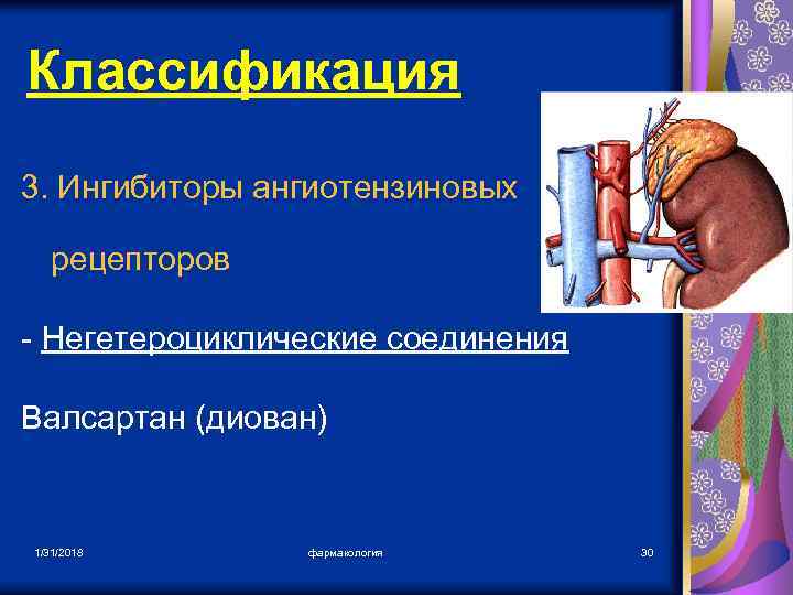 Классификация 3. Ингибиторы ангиотензиновых рецепторов - Негетероциклические соединения Валсартан (диован) 1/31/2018 фармакология 30 