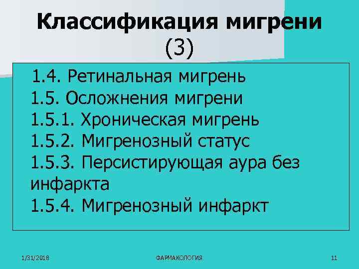 Классификация мигрени (3) 1. 4. Ретинальная мигрень 1. 5. Осложнения мигрени 1. 5. 1.