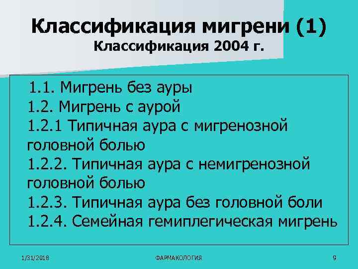 Классификация мигрени (1) Классификация 2004 г. 1. 1. Мигрень без ауры 1. 2. Мигрень