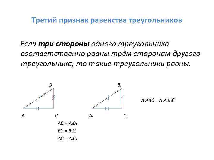 Третий признак равенства треугольников Если три стороны одного треугольника соответственно равны трём сторонам другого