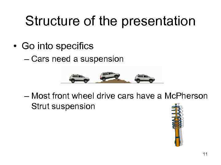 Structure of the presentation • Go into specifics – Cars need a suspension –