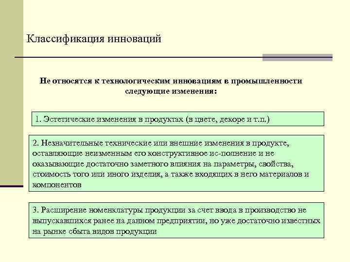 Классификация инноваций Не относятся к технологическим инновациям в промышленности следующие изменения: 1. Эстетические изменения