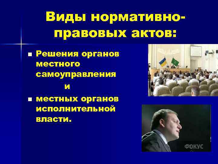 Виды нормативноправовых актов: n n Решения органов местного самоуправления и местных органов исполнительной власти.
