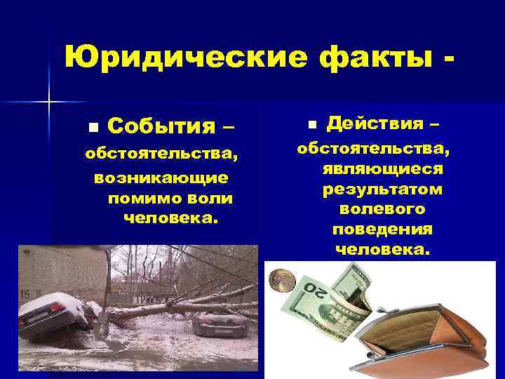 Юридические факты n События – обстоятельства, возникающие помимо воли человека. n Действия – обстоятельства,