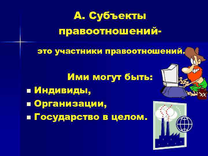 А. Субъекты правоотношенийэто участники правоотношений. Ими могут быть: n Индивиды, n Организации, n Государство