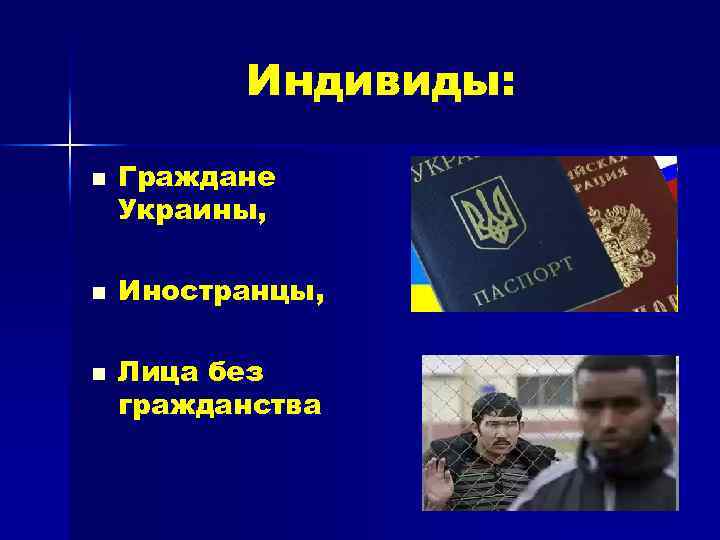 Индивиды: n n n Граждане Украины, Иностранцы, Лица без гражданства 