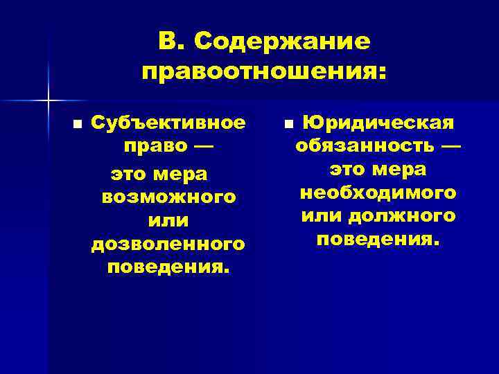 В. Содержание правоотношения: n Субъективное право — это мера возможного или дозволенного поведения. n