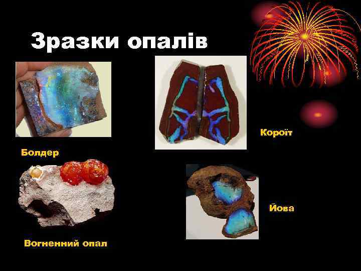 Зразки опалів Короїт Болдер Йова Вогненний опал 