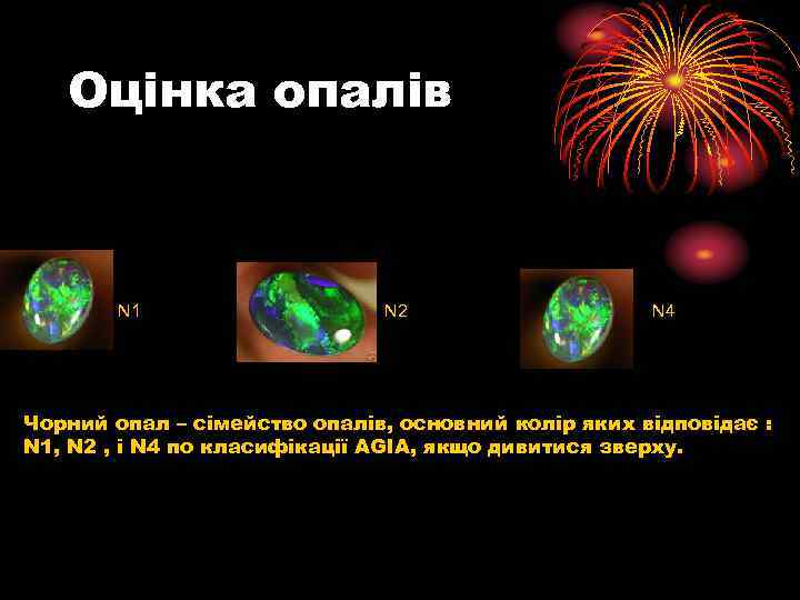 Оцінка опалів N 1 N 2 N 4 Чорний опал – сімейство опалів, основний