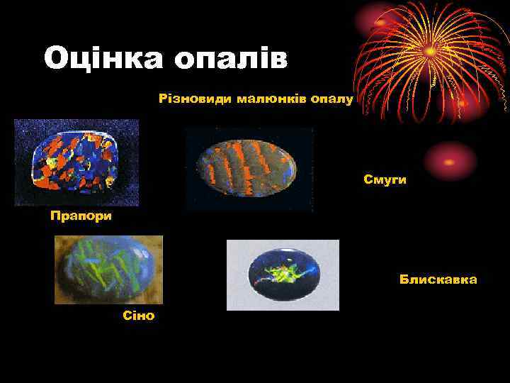 Оцінка опалів Різновиди малюнків опалу Смуги Прапори Блискавка Сіно 