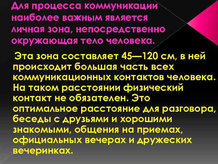 Для процесса коммуникации наиболее важным является личная зона, непосредственно окружающая тело человека. Эта зона