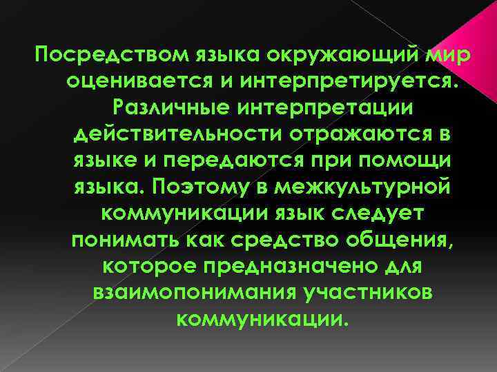 Посредством языка окружающий мир оценивается и интерпретируется. Различные интерпретации действительности отражаются в языке и