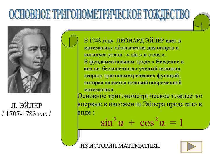 В 1748 году ЛЕОНАРД ЭЙЛЕР ввел в математику обозначения для синуса и косинуса углов