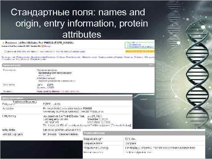 Стандартные поля: names and origin, entry information, protein attributes 