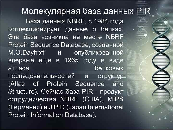 Молекулярная база данных PIR База данных NBRF, с 1984 года коллекционирует данные о белках.