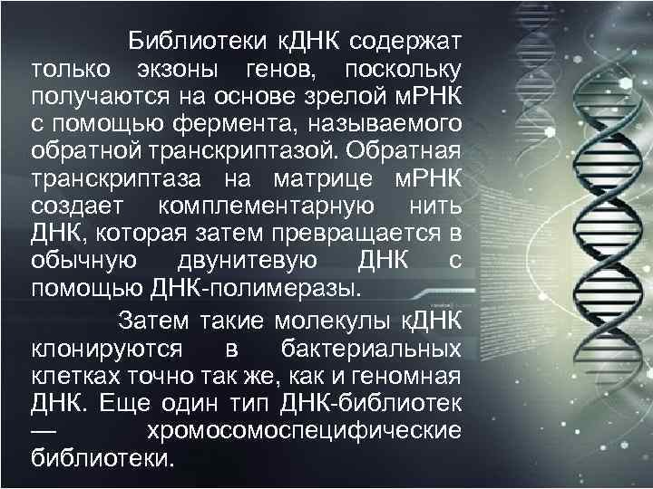 Библиотеки к. ДНК содержат только экзоны генов, поскольку получаются на основе зрелой м. РНК