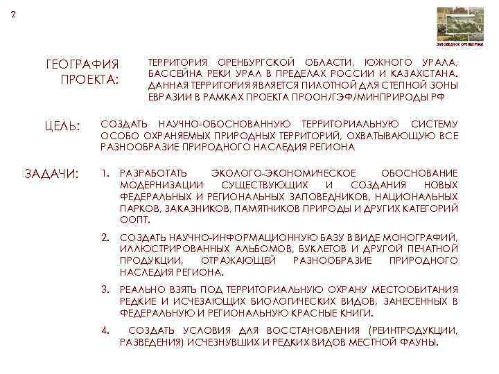 2 ЗАПОВЕДНОЕ ОРЕНБУРЖЬЕ ГЕОГРАФИЯ ПРОЕКТА: ЦЕЛЬ: ЗАДАЧИ: ТЕРРИТОРИЯ ОРЕНБУРГСКОЙ ОБЛАСТИ, ЮЖНОГО УРАЛА, БАССЕЙНА РЕКИ