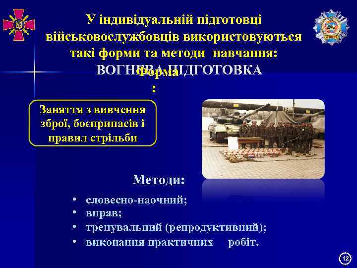 У індивідуальній підготовці військовослужбовців використовуються такі форми та методи навчання: ВОГНЕВА ПІДГОТОВКА Форма :