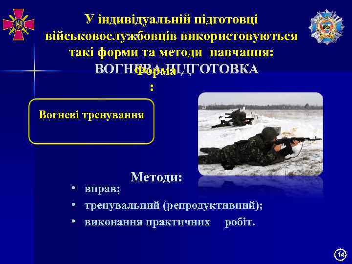 У індивідуальній підготовці військовослужбовців використовуються такі форми та методи навчання: ВОГНЕВА ПІДГОТОВКА Форма :