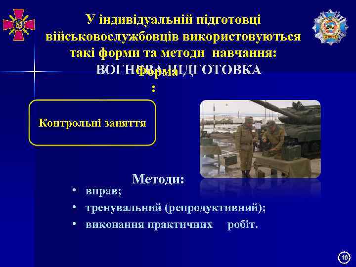 У індивідуальній підготовці військовослужбовців використовуються такі форми та методи навчання: ВОГНЕВА ПІДГОТОВКА Форма :