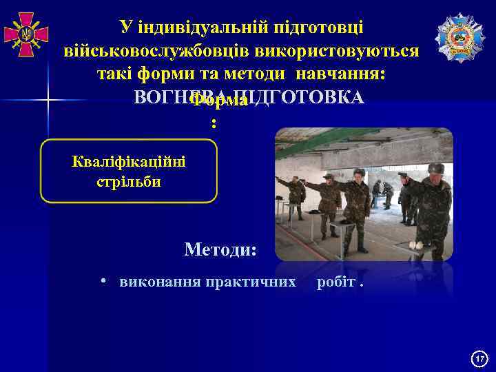 У індивідуальній підготовці військовослужбовців використовуються такі форми та методи навчання: ВОГНЕВА ПІДГОТОВКА Форма :