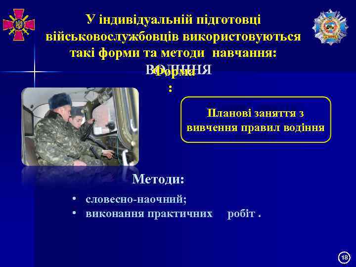 У індивідуальній підготовці військовослужбовців використовуються такі форми та методи навчання: ВОДІННЯ Форма : Планові