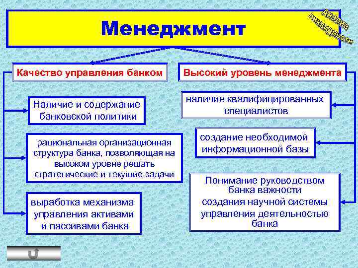 Менеджмент Качество управления банком Наличие и содержание банковской политики рациональная организационная структура банка, позволяющая