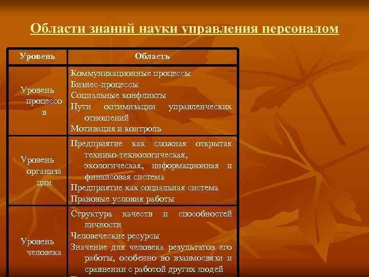 Области знаний науки управления персоналом Уровень Область Коммуникационные процессы Бизнес-процессы Уровень Социальные конфликты процессо