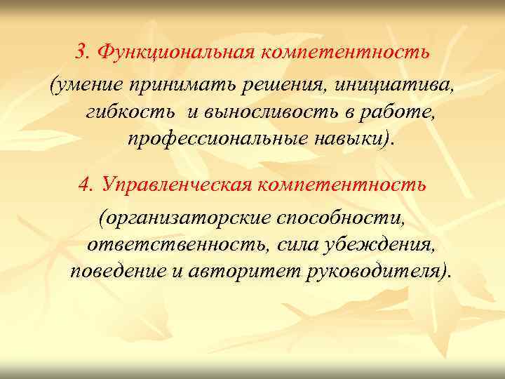3. Функциональная компетентность (умение принимать решения, инициатива, гибкость и выносливость в работе, профессиональные навыки).