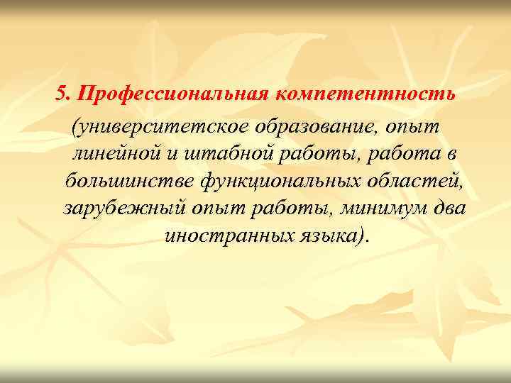 5. Профессиональная компетентность (университетское образование, опыт линейной и штабной работы, работа в большинстве функциональных
