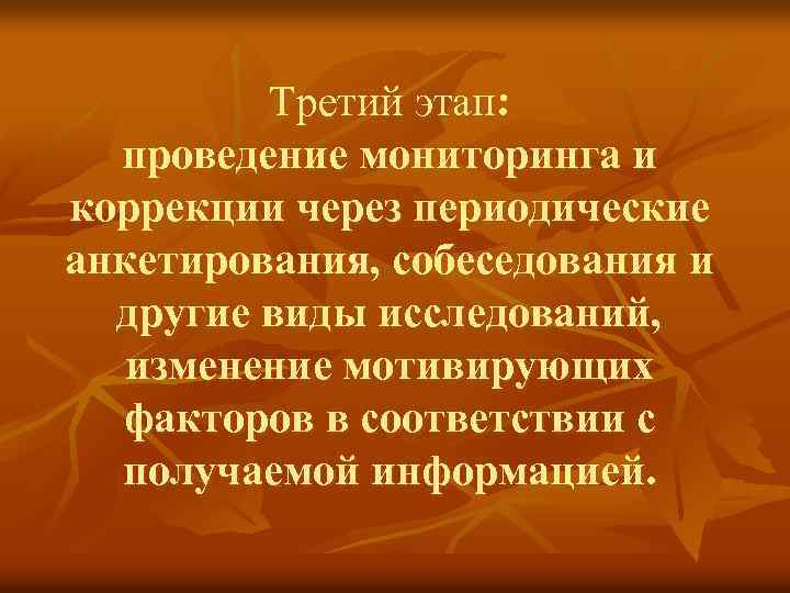 Третий этап: проведение мониторинга и коррекции через периодические анкетирования, собеседования и другие виды исследований,