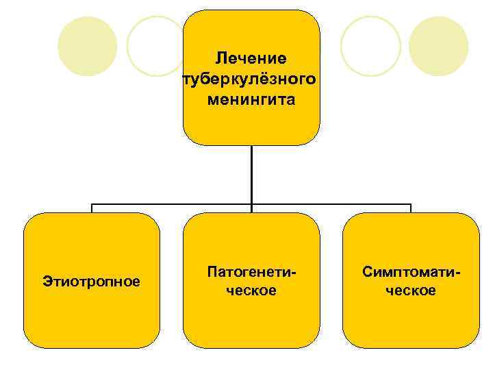 Лечение туберкулёзного менингита Этиотропное Патогенетическое Симптоматическое 