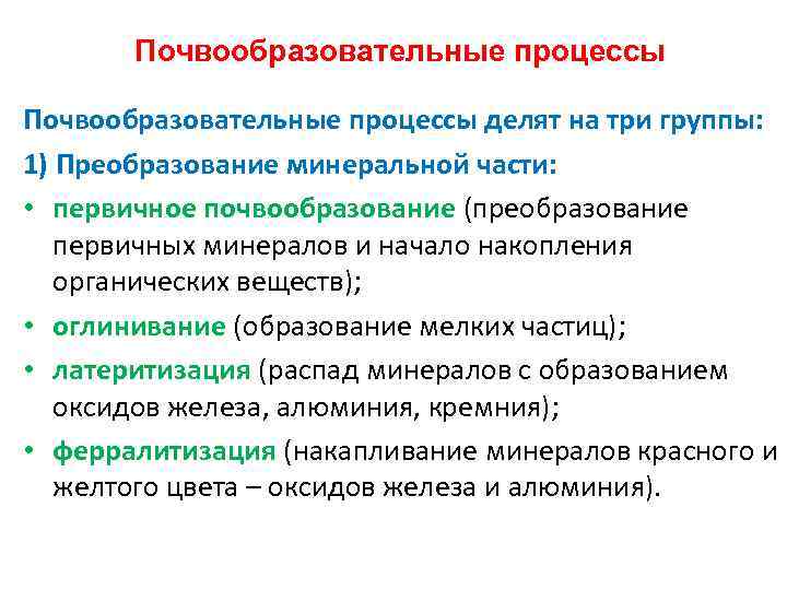 Почвообразовательные процессы делят на три группы: 1) Преобразование минеральной части: • первичное почвообразование (преобразование