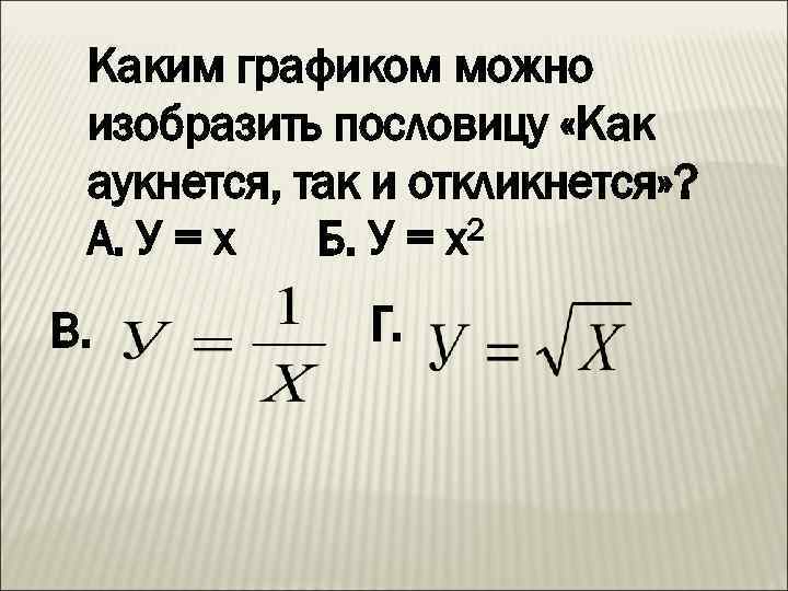 Каким графиком можно изобразить пословицу «Как аукнется, так и откликнется» ? 2 А. У