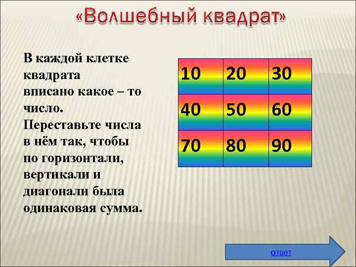 В каждой клетке квадрата вписано какое – то число. Переставьте числа в нём так,