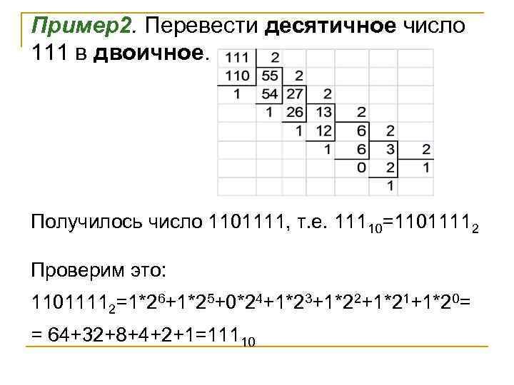 Пример2. Перевести десятичное число 111 в двоичное. Получилось число 1101111, т. е. 11110=11011112 Проверим