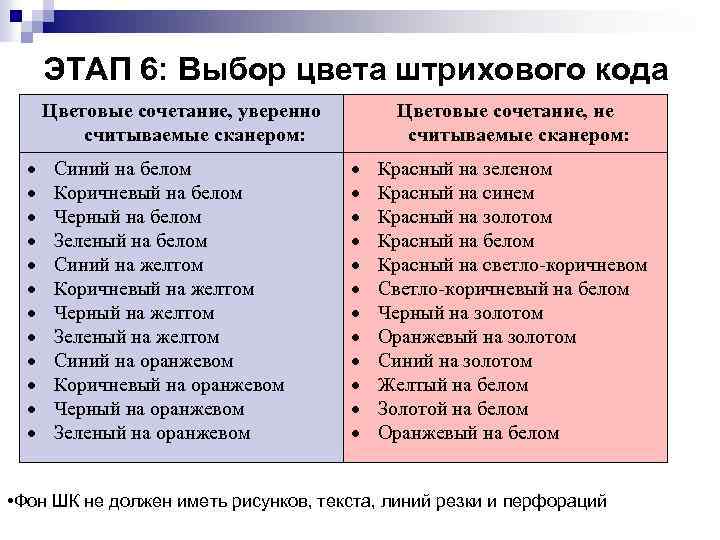 ЭТАП 6: Выбор цвета штрихового кода Цветовые сочетание, уверенно считываемые сканером: Синий на белом