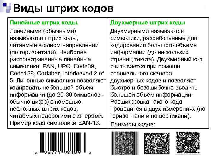 Виды штрих кодов Линейные штрих коды. Линейными (обычными) называются штрих коды, читаемые в одном